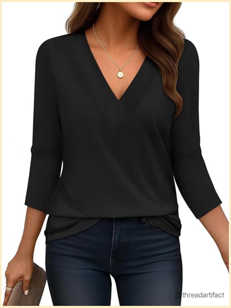 3/4 Sleeve V Neck Loose Fit Tunic Tee Blouse